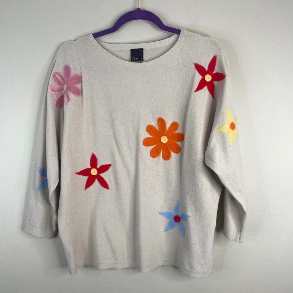 Aaeda 3D‎ Felted Floral Sweater Large Twee Cottage Preppy Dolman Pullover Soft